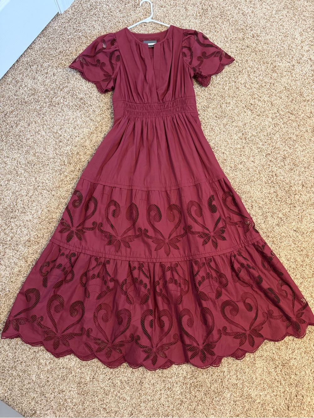 Anthropologie The Somerset Burgundy Cutwork Edition Maxi Dress Size M